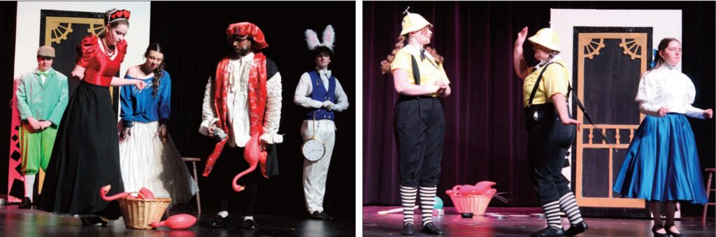 At left: The Queen & King of Hearts and The White Rabbit. At right: Tweedle Dum & Tweedle Dee meet Alice.