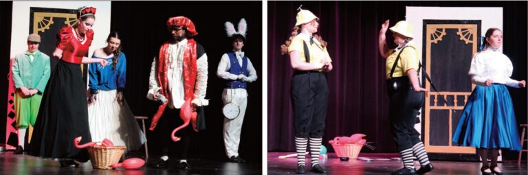 At left: The Queen & King of Hearts and The White Rabbit. At right: Tweedle Dum & Tweedle Dee meet Alice.