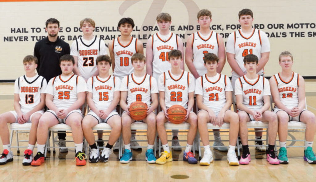 This season's Dodgeville Junior Varsity Boys Basketball Team posted a season Record of 20-1. Team members are (I-r) front: Karter McGraw, Carter Schultz, Conner Hottman, Sawyer Miller, Griffin Innerst, Ayden Henke, Brady Seyfferth and Owen Wiegel; back: Coach Will Borne-Mumm, Harper Olson, Evan Ensrude, Gabe Smith, Kaleb Kreul and Briggz Hutson. Photo by Ann Gorgen Photography.