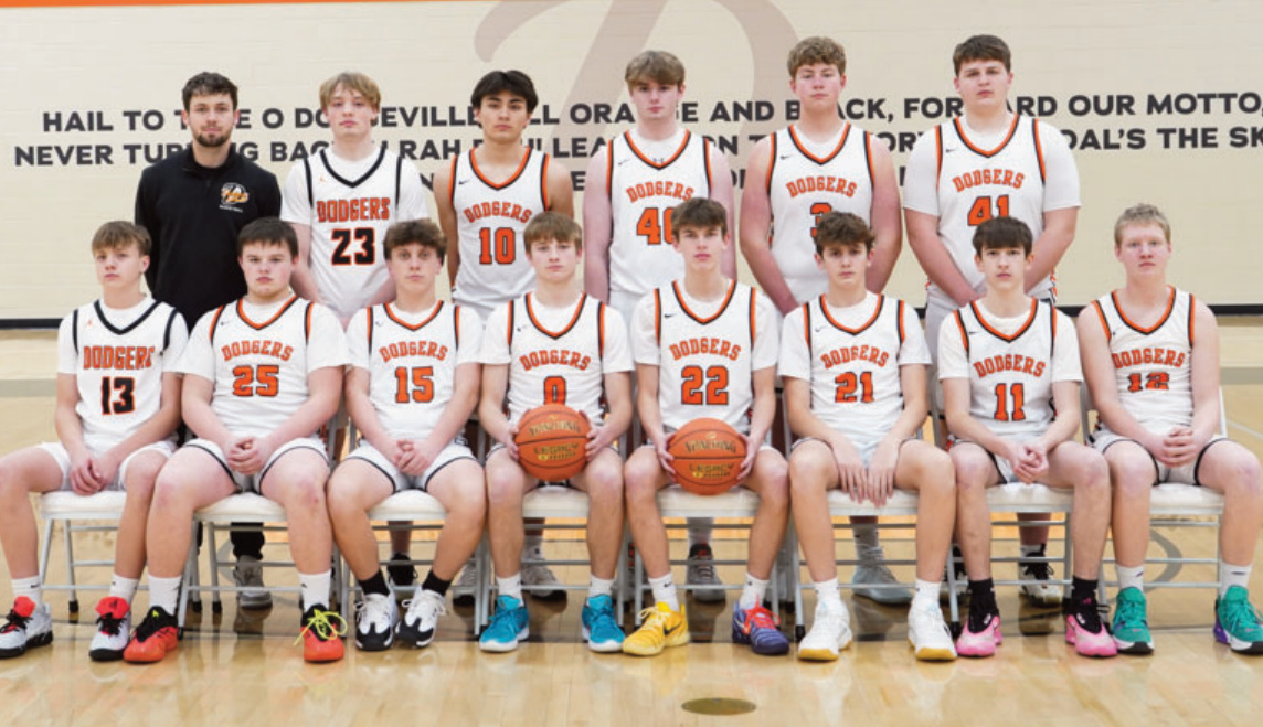 This season's Dodgeville Junior Varsity Boys Basketball Team posted a season Record of 20-1. Team members are (I-r) front: Karter McGraw, Carter Schultz, Conner Hottman, Sawyer Miller, Griffin Innerst, Ayden Henke, Brady Seyfferth and Owen Wiegel; back: Coach Will Borne-Mumm, Harper Olson, Evan Ensrude, Gabe Smith, Kaleb Kreul and Briggz Hutson. Photo by Ann Gorgen Photography.