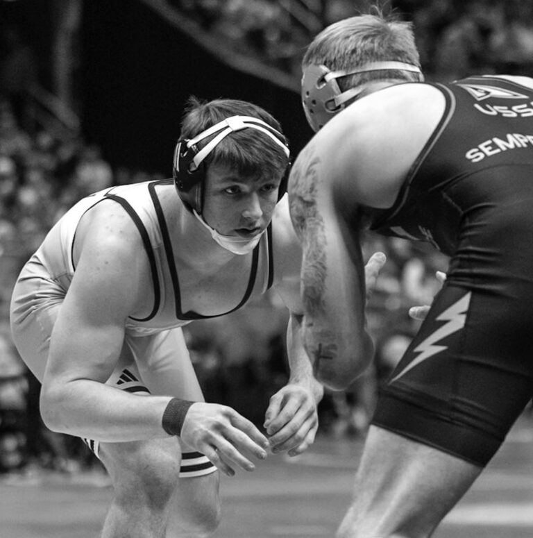 Former Mineral Point High School wrestler Kade Rule took part in the NCAA Division 1 Wrestling Cham- pionships over last weekend. Wrestling for the University of Chattanooga (UTC), he had two matches, drop- ping both by decisions. Above, squares off with Air Force Academy's Karson Tompkins in his second match, a 2-0 loss.