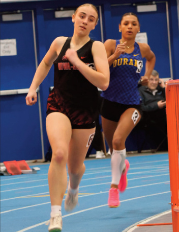Freshman Leah Nelson took 4th 400 M Dash. Photo by David Friesen.