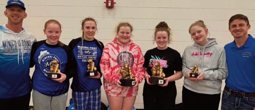 From left to right are: Coach Scott Pittz, Rachel Heiser, Abbey Finley, Lily Heiser, Emily Heiser, Haylee Yager and Assistant Coach Danny Pittz.