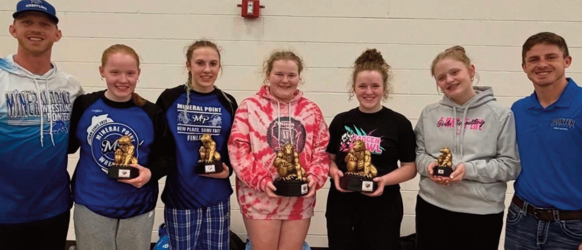 From left to right are: Coach Scott Pittz, Rachel Heiser, Abbey Finley, Lily Heiser, Emily Heiser, Haylee Yager and Assistant Coach Danny Pittz.