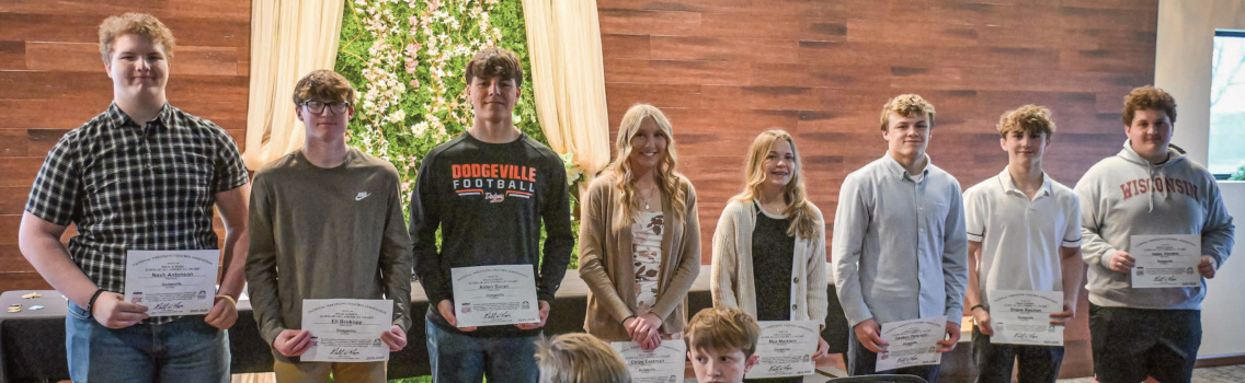 High School Scholar All-Americans are (l-r) Nash Antonson, Eli Brokopp, Aiden Duran, Chloe Eastman, Mya Marklein, Haakon Peterson, Shane Rochon and Isaac Vondra