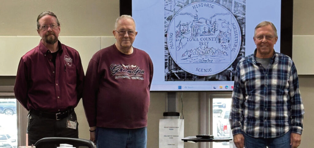 From left to right are Veteran Service Officer Jeffrey Lindeman, Iowa County Veterans Service Office; Commander David Bell, American Legion Post 97, and Commander Terry Wilkinson, VFW Post 7345