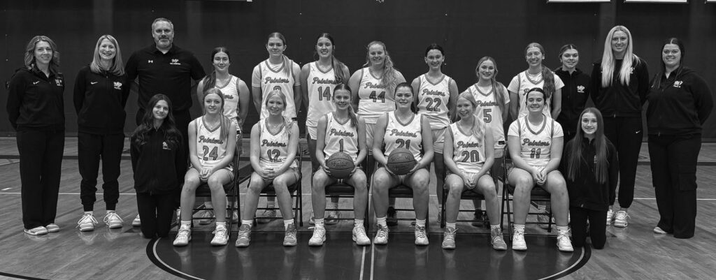 Mineral Point girls won the SWAL basketball title, sharing with Cuba City. Team members are (l-r) front: Manager Kendal Carey, Ava Ingwell, Sadie Miller, Jadyn Schultz, Maddy Kabat, Sophie Miller, Bree Swenson, and Manager Lennie Brunson; back: Assistant Coach Melissa Ryberg, Assistant Coach Tasha Miller, Head Coach Merrill Brunson, Kendall Wenger, Kinlee Prust, Lilly Houtakker, Stephanie Wallace, Kate James, Payton Christopher, Mya Wagner, Donna Hirsch, Assistant Coach Nicole Johnson, and Assistant Coach Lauren James.