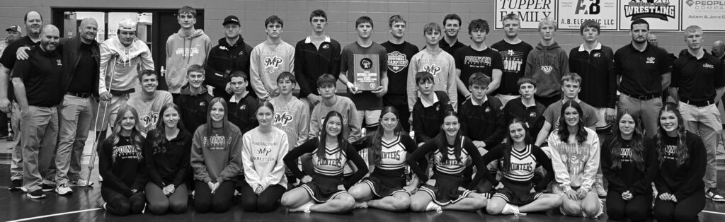 Pointer wrestlers went unbeaten in SWAL Duals, were Division 3 Regional and Sectional Team champs and took part in Team State, plus they had 6 qualify for Individual State. Team members are (l-r) front: Managers Cambrey Carey, Ellie Busch, Kit Finley, Annabelle Busch, Cheerleaders Irene Martinez, Lily Fox, Lucy Paynter, Shayna Sigg, Managers Addie Burris, Cyntanah Nafzger, and Emmie Burris; middle: Dakota Miller, Blake Robb, Traevyn Galle, Johnny Robinson, Memphis Burkhalter, Gunner Reichling, Easton Brunett, Trigg Riley, Boden Chambers; back Assistant Coach Mike Potterton, Head Coach Curtis Fiedler, Assistant Coach TJ Burke, Clayton Yanna, Sammy Springer, Sawyer Dannenberg, Elliot Kite, Emmett Collins, Brady Haas, Jake Dannenberg, Mason Scullion, Assistant Coach Bo Levetzow, Gus Tucker-Sorum, Tyler Vondra, Liam Carey, Cayden Krueger, Assistant Coach Grant Miller, Assistant Coach Roen Carey.