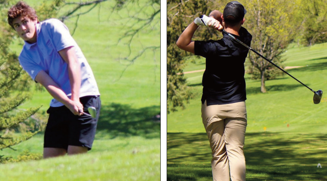 Left - Barneveld's Judson Poad chips this shot at the Platteville Invitational on Saturday. Right - Pointer Jaxon Weding watches his drive on hole #6. John Daltion photo.