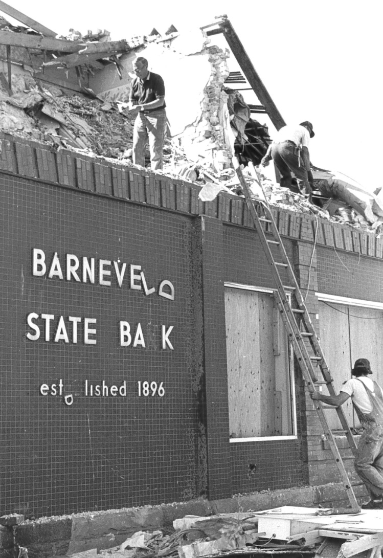The Barneveld State Bank received extensive damage but was repaired and stands 42 years later as a reminder of the tornado's destructive winds.