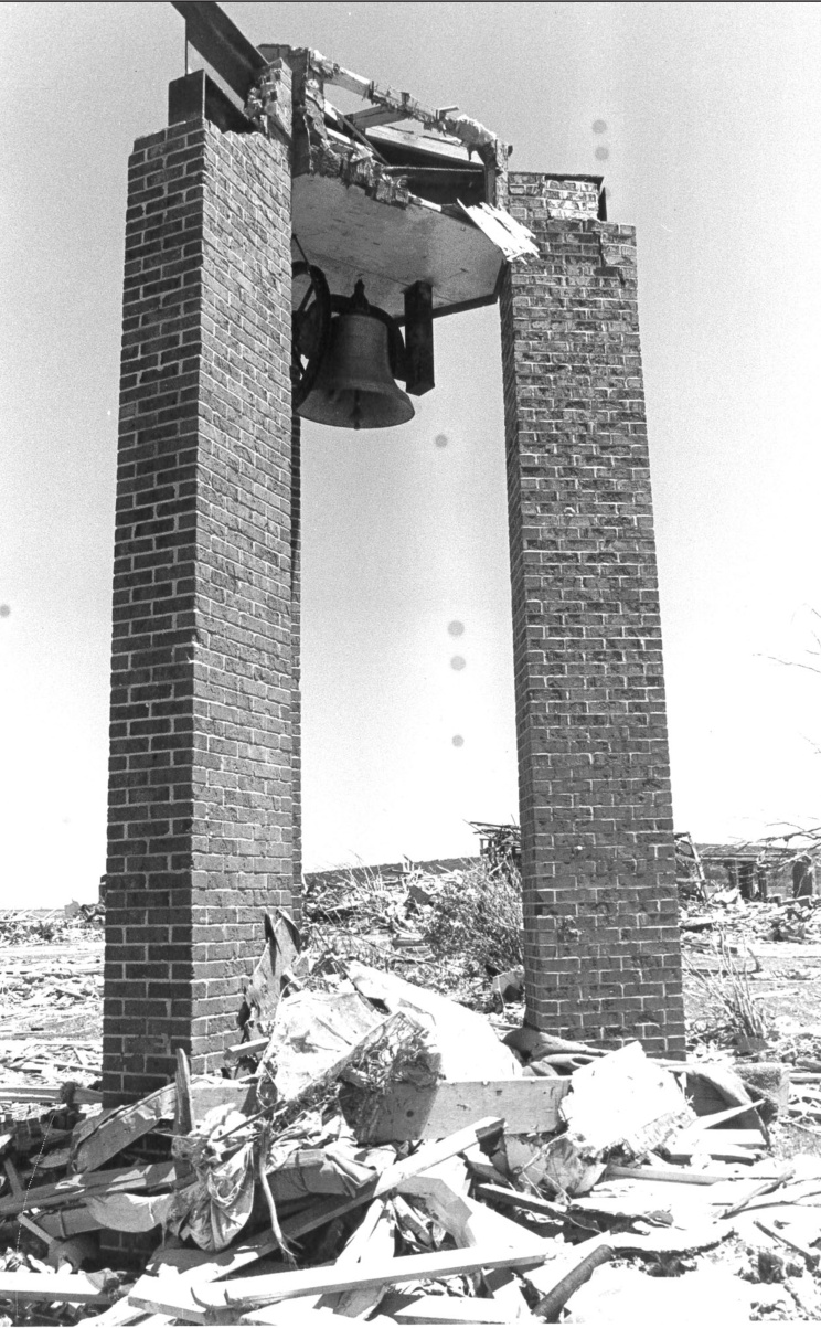 The bell tower was all that was left of the Barneveld Lutheran Church on the village's east side.