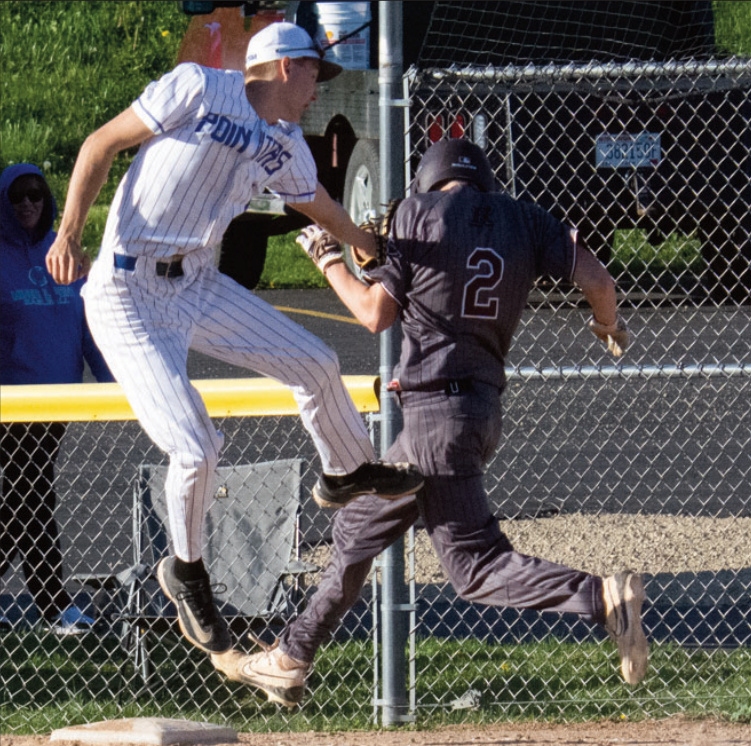 Pointer first baseman Cole Ripp makes the tag on a Riverdale runner. Robin Wiegman photo.