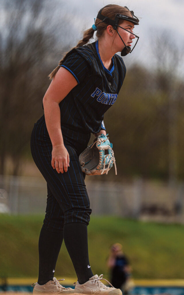 Pointer Kendall Wenger gets set for the play from her 3rd base spot. Photo by Izzy Dannenberg.