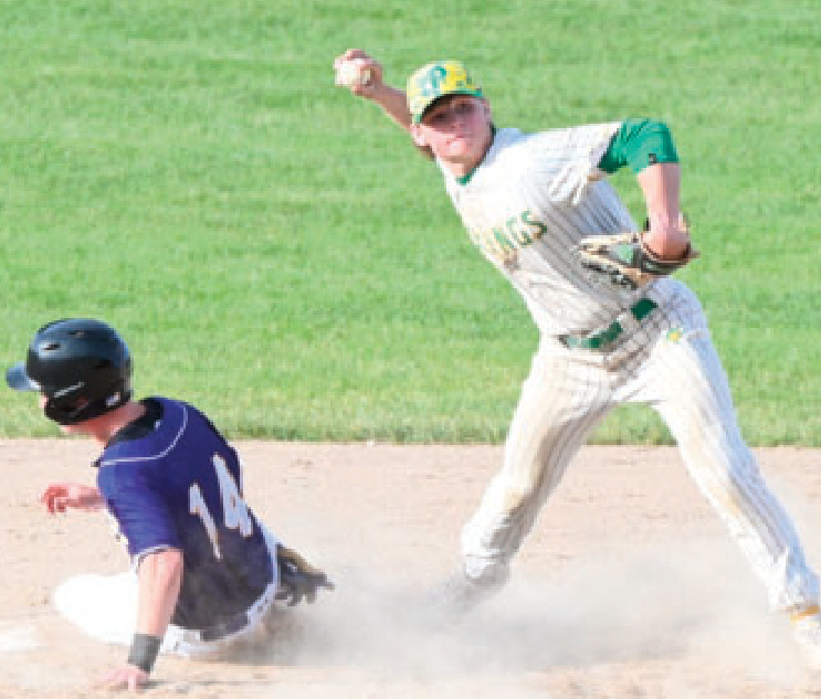 Viking Ashton McNett gets Eagle Landon Beicher out at 2nd base and looks to complete a double play. Photo by Anita Schmid.