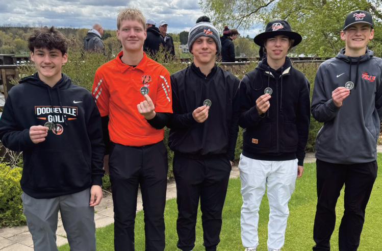 The Dodgeville golf team shows off their hardware from the Portage Invitational on Friday. From left to right are: Brody Ley, Owen Wiegel, Connor Hottmann, Luke Bender, and Nate Blalock.