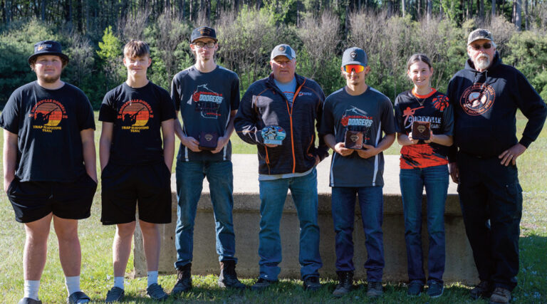 The Dodgeville Trap Team claimed the team championship with a score of 241. Pictured left to right is Ty Swenson, Conner Burke, Jeron Gerber, Coach Jeff Johnston, Kage Lemanski, Morgan Oxnem and Coach Brian Pishion.