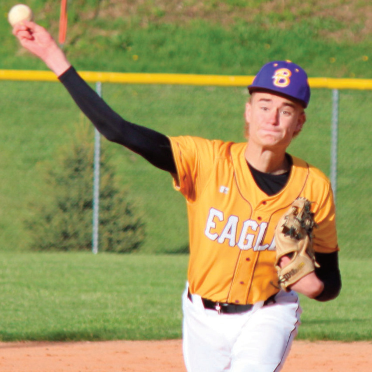 Barneveld's starting pitcher Mason Durst delivers a pitch against Belmont. He allowed one hit and struck out 11. Photo by John Dalton.