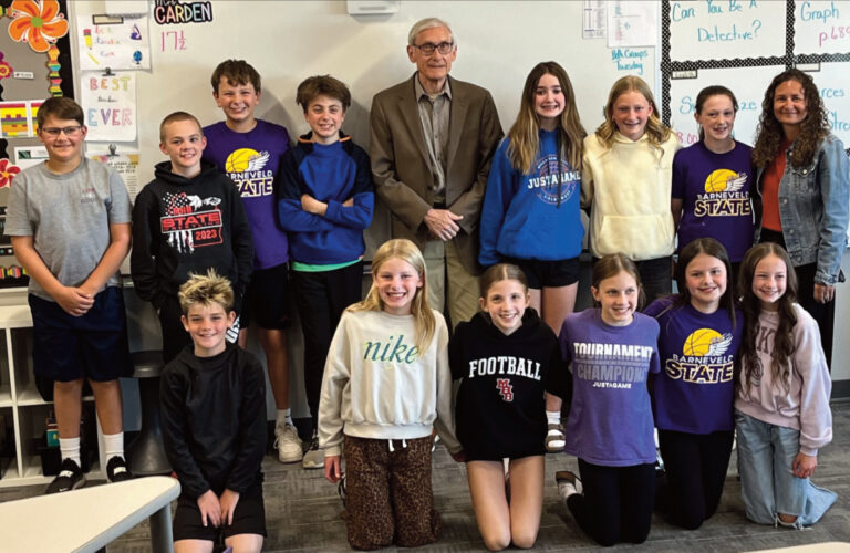 Shown with Governor Tony Evers are the Barneveld middle and high school Sources of Strength Peer leaders.