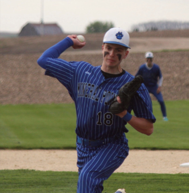 Pointer pitcher Hudson Schroeder delivers a pitch against Pecatonica at Field of Dreams.