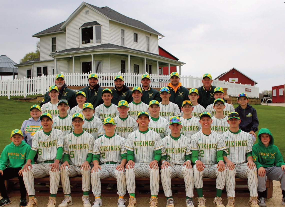 The Pecatonica baseball team had their photo taken at the Field of Dreams. From left To right are, 1st row: Mgr. Quinten Syse, Cooper Schraepfer, Kashton Gross, Ashton McNett, Austin Enloe, Marty Anderson, Luke Leonard, Reid Schlimgen, Mgr., Brooks Halvorson; 2nd row: Mgr. Kam Burkeland, Linden Ula, Reed Cassidy, Kale Hendrickson, Bo Leonard, Rylan Fisher, Rylan Eitler; 3rd row: Simon Paust, Kieler Ames, Kayden Kurschner, Griffin Schlafli, Ray Gonzales-Murphy, Brayden Harrison, Cael Hirsch, Mgr. Nathan Anderson; top row: Coaches: Larry Schliem, Blake Bukowski, Colton Schraepfer, Tyler Mckeon, Drew Schliem, and Jim Strommen.