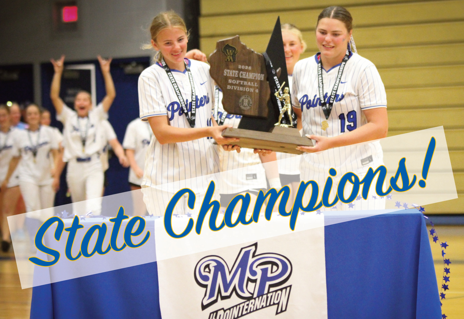 Mineral Point softball team holding championship trophy