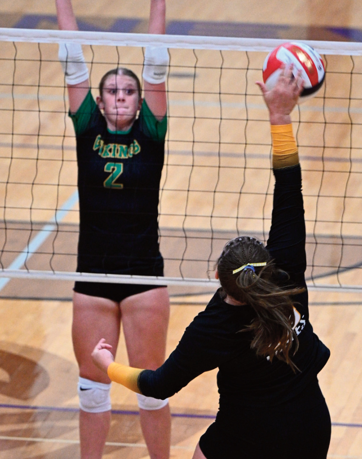 Eagles Mya Norton goes up for a shot with Isla Jorenby defending for the Vik- ings. Photo by Anita Schmid.