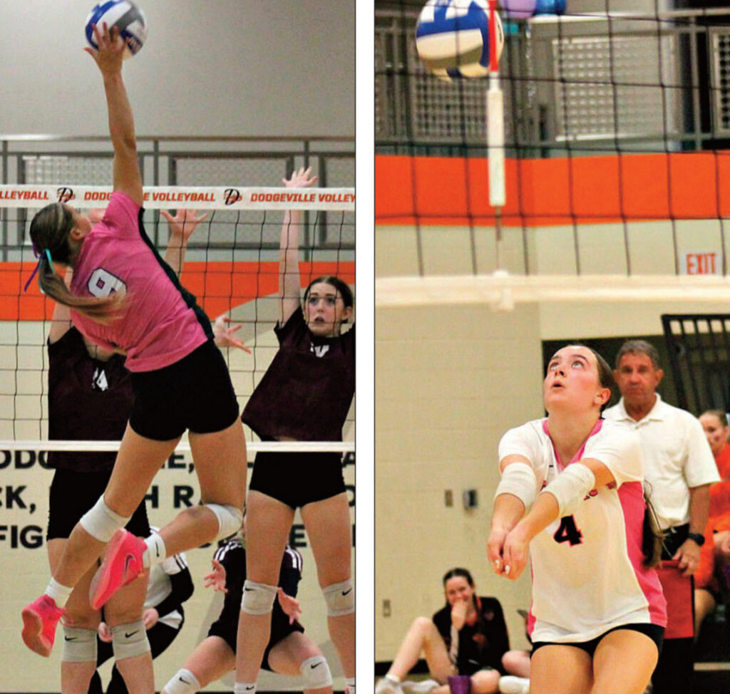Above left: Dodger Jenna Johnson spikes the ball over a couple PdC blockers. Above right: Emily Reilly bumps the ball to the front row. Angie Borne photo.