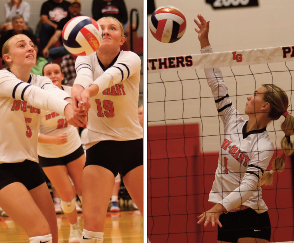 Left photo - Panthers Charlie Bollant and Leah Nelson (5) both go after the ball. At right, Ava Klaas hits one over the net. Photo by David Friesen.