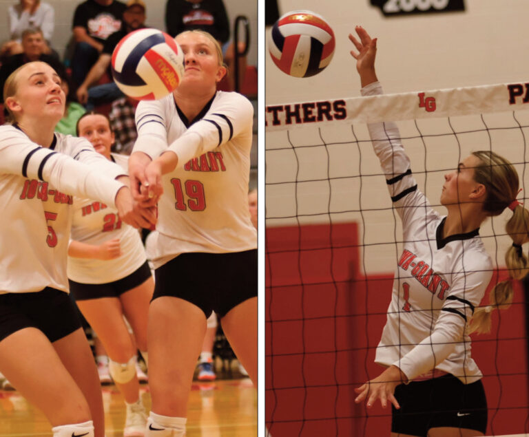 Left photo - Panthers Charlie Bollant and Leah Nelson (5) both go after the ball. At right, Ava Klaas hits one over the net. Photo by David Friesen.